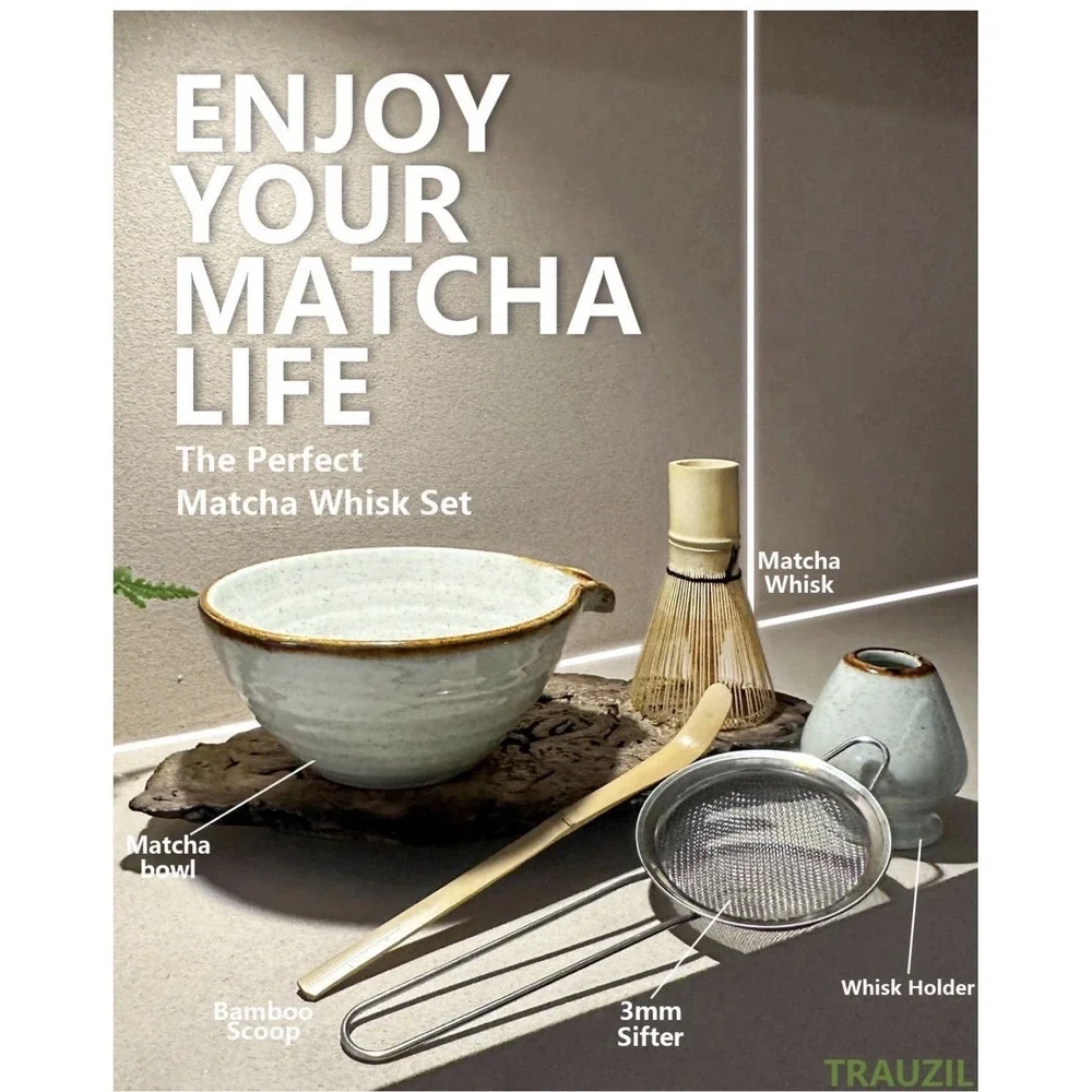 Matcha Whisk Set with Bowl, Bamboo Whisk, Scoop, Sifter, matcha